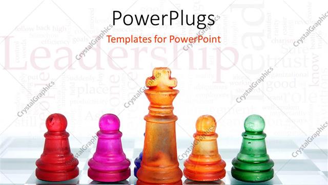  Presentation with king - Glowing chess board with colored chess pieces and king piece leading