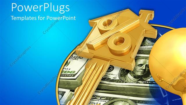  Presentation with estate - Glowing gold plated man pointing to stacks of dollar bills