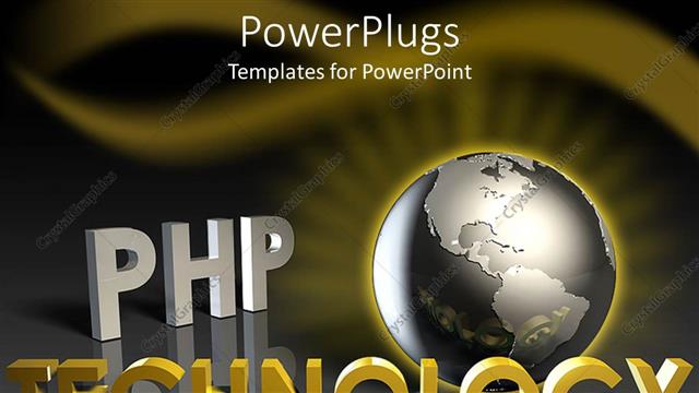  Presentation with metallic - Glowing metallic gray globe framed by glowing golden rays, php technology