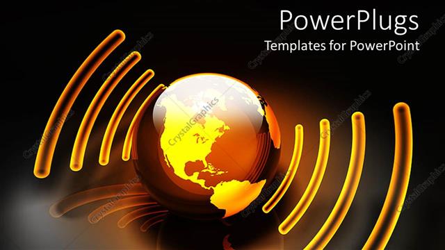  Presentation with energy - Glowing orange and gold globe with sound energy waves surrounding the globe on reflecting surface