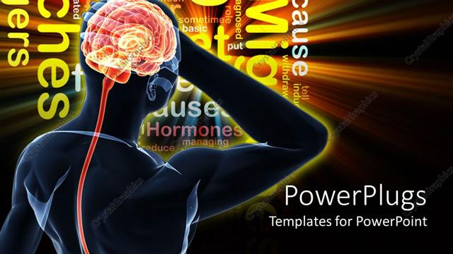  Presentation with headaches - Glowing silhouette of human body with glowing brain thinking and word cloud with migraine headaches words