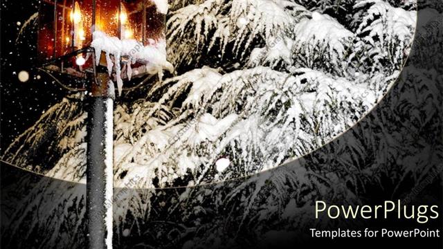  Presentation with pine - Glowing snow covered lantern next to frosty pine tree