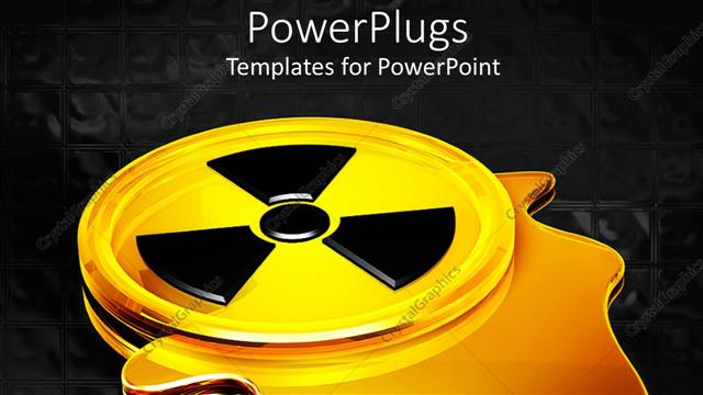  Presentation with radiation - Glowing yellow black radiation warning symbol with puddle liquid leak and black background
