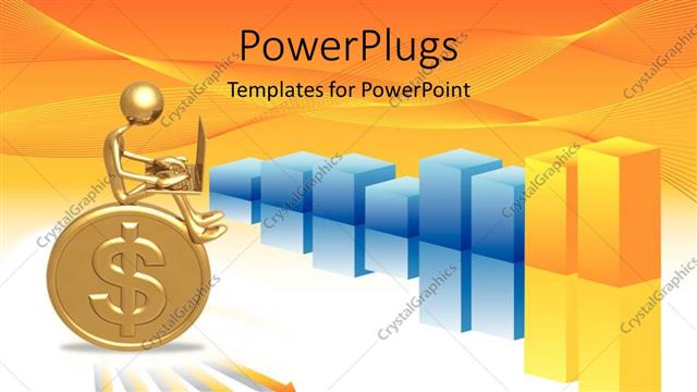  Presentation with gold investment - Gold 3D man sits on gold coin with colored bars