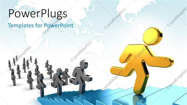  Presentation with gold black - Some gold and black characters running on a blue stairs with the gold one leading