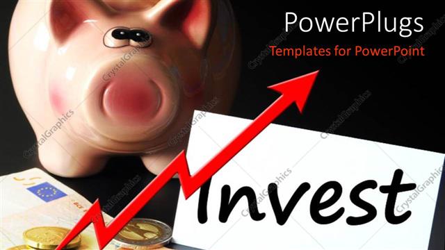  Presentation with piggy bank - Gold coins on currency notes with piggy bank and text INVEST