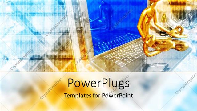  Presentation with abstract gold - Gold colored 3D character sitting on an open laptop?