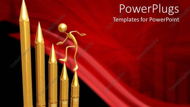  Presentation with climbing - A gold colored 3D human character climbing five gold pencils