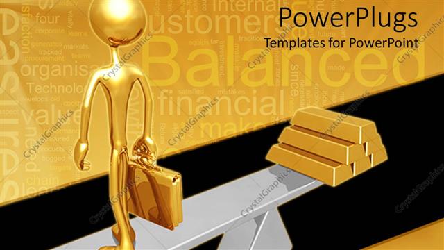  Presentation with balance scale - A gold colored 3D human character standing on a scale with gold bars
