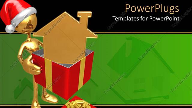  Presentation with gold - A gold colored character holding a red Christmas gift