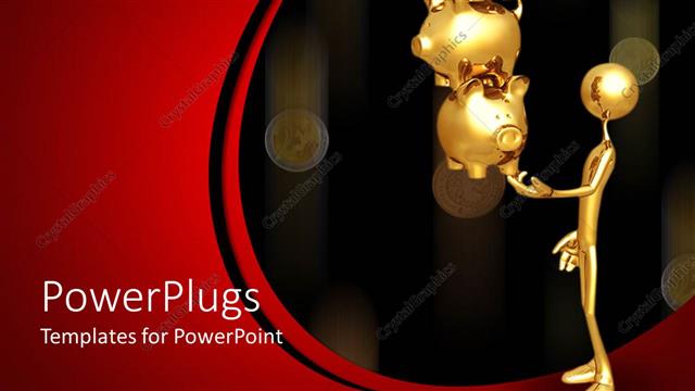  Presentation with balance - A gold colored character holding three golden piggy banks