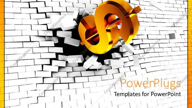  Presentation with symbol - Gold colored dollar symbol breaking through a white wall