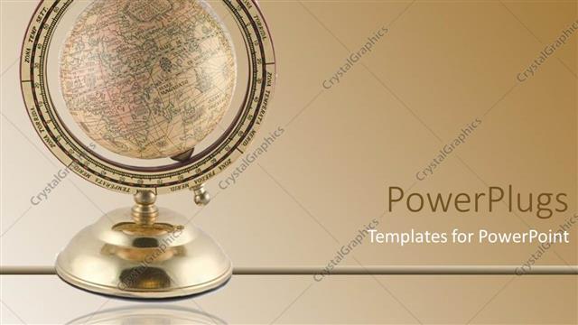  Presentation with stand - Gold colored earth globe on a stand on a brown background