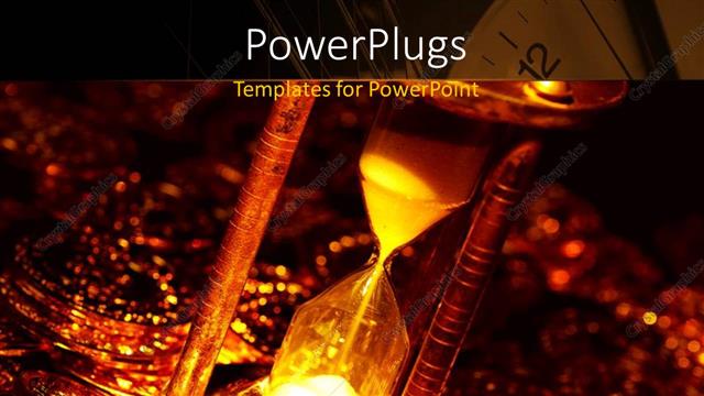  Presentation with time money - A gold ?colored hour glass on lots of gold coins