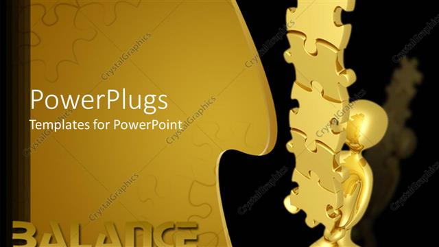  Presentation with balance - Gold colored human figure holding a stack of puzzles