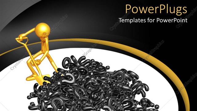  Presentation with question marks - Gold colored human figure with a spade heaping lots of back question marks