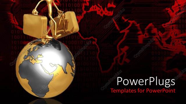  Presentation with travel globe - Gold colored human figure walking on an earth globe