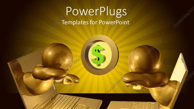  Presentation with gold dollar sign - Gold colored human figures coming out of laptops towards a dollar sign