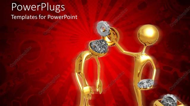  Presentation with gears gold - Gold colored human figures removing gears from another head