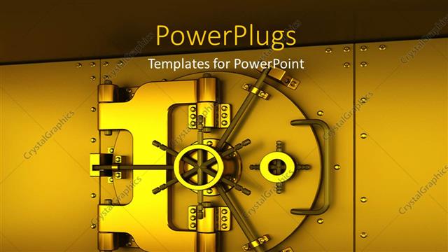  Presentation with vault - A gold colored iron safe on a brown background