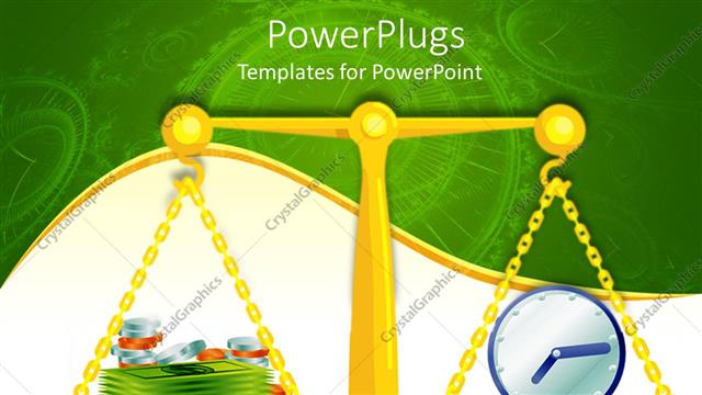  Presentation with balanced scale - Gold colored scale with a clock and money balanced on it