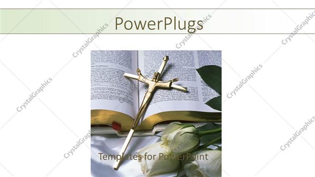  Presentation with christianity - Gold crucifix on bible with white roses, religion, Christianity, faith, church