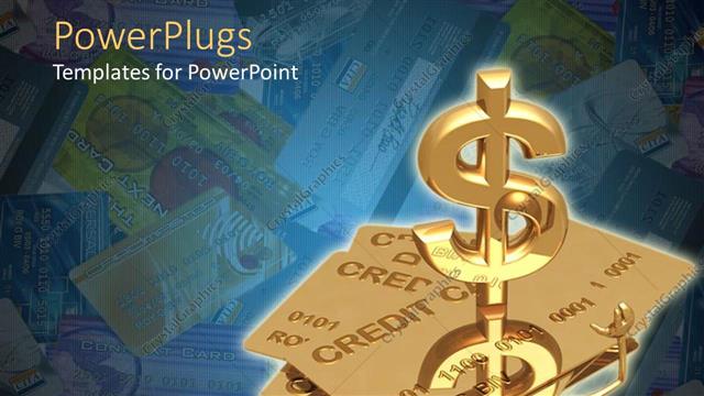  Presentation with gold dollar sign - Gold figure buried under credit cards reaches for help from three dimensional dollar sign