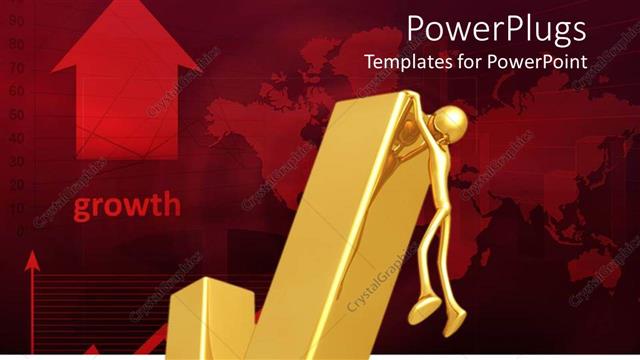  Presentation with climbing chart - Gold figure climbing last part of bar chart on red background indicating growth