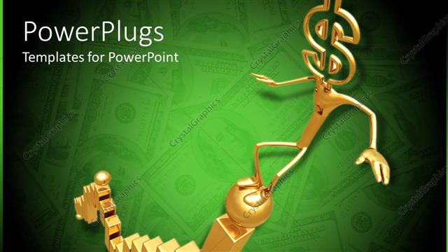  Presentation with gold dollar sign - Gold figure with dollar sign head standing on newel post ball