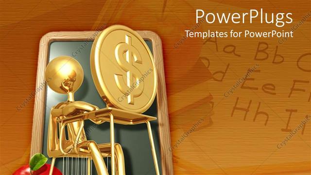  Presentation with gold red - Gold figure sitting at desk with a coin and red apple on floor, value of education