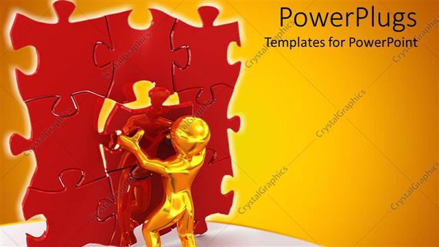  Presentation with vertical - Gold figure struggling to place red piece in center of vertical jigsaw puzzle