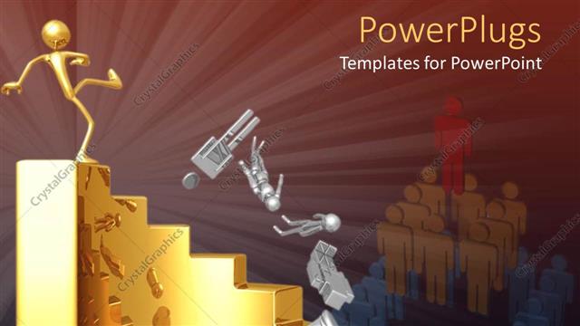  Presentation with gold silver - Gold figure at top of circular staircase kicks silver figures down stairs