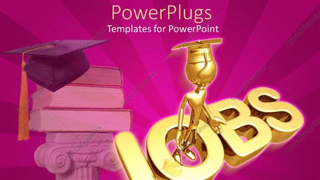  Presentation with graduation gold - Gold figure wearing graduation cap inside three dimensional word Jobs with stack books in background