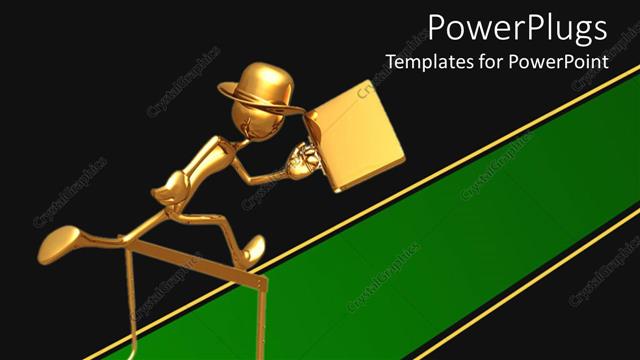  Presentation with green gold - Gold figure wearing hat carrying briefcase jumping over hurtle on green track