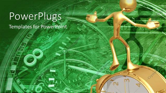  Presentation with gears gold - Gold man on clock metaphor old fashioned working gears time green background