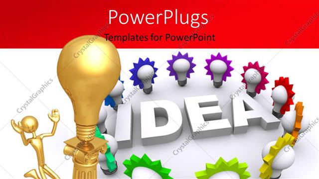  Presentation with great idea - Gold man kneels before gold light bulb on pillar and 3D word IDEA