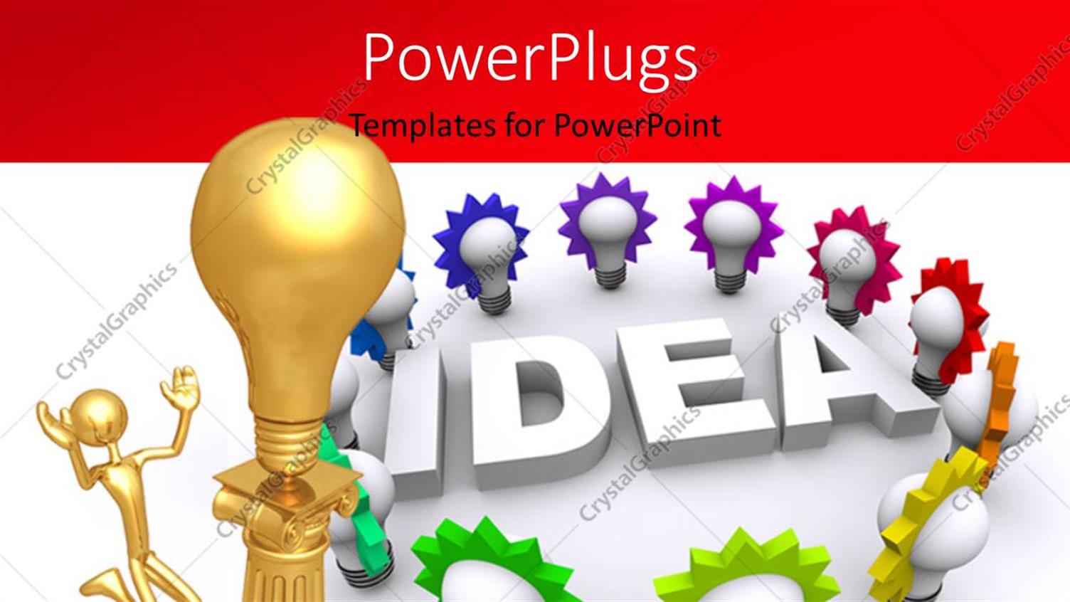 Featuring Gold Man Kneels Before Gold Light Bulb on Pillar and 3D Word IDEA