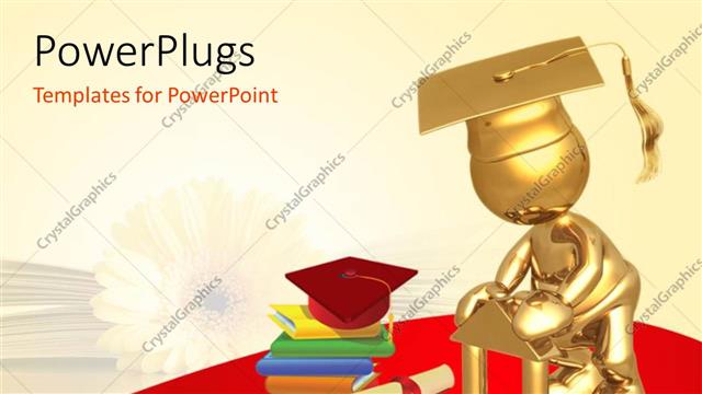 Presentation with build foundation - Gold plated 3D graduate with graduation cap and book pile with diploma