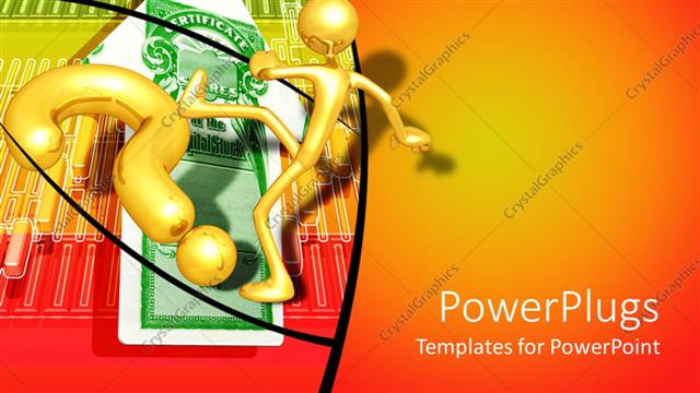  Presentation with questions - Gold plated 3D man kicks questions mark symbol?