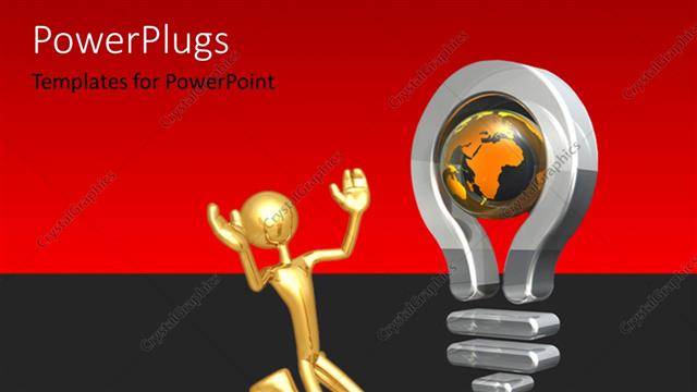  Presentation with hovering - Gold plated 3D man kneels before chrome bulb with hovering globe inside