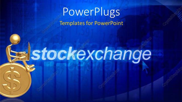  Presentation with stock exchange - Gold plated 3D man with laptop on blue background with stock chart