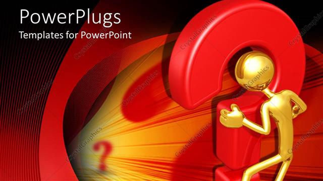  Presentation with gold red - Gold plated 3D man looks into red question mark sign for answers