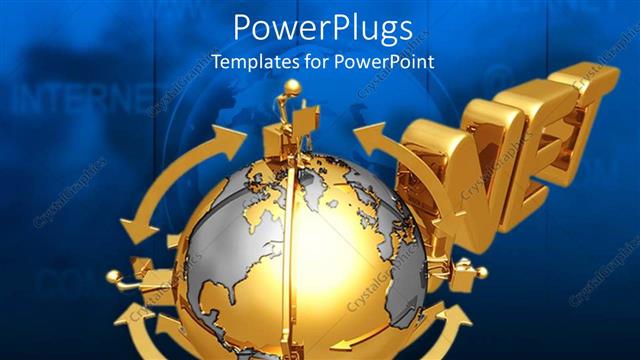  Presentation with net - Gold plated 3D men around the globe connected through the Internet?