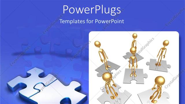  Presentation with blue puzzle pieces - Gold plated 3D men stand on puzzle pieces over blue background