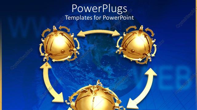  Presentation with networking - Gold plated earth globe with connected 3D men in different locations on globe