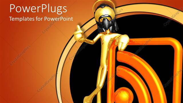  Presentation with black man - Gold plated man with black nose mask leaning against RSS feed symbol