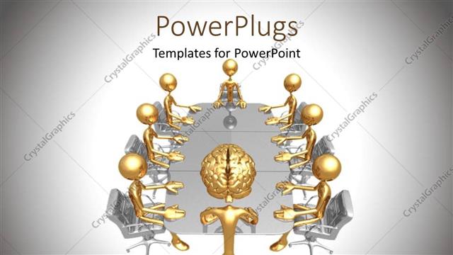 Presentation with brains - Gold plated man with brains leads conference around conference table