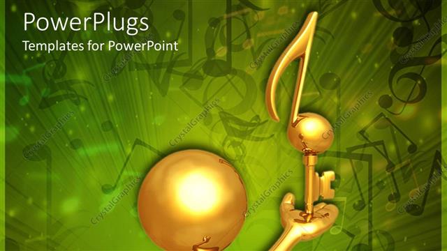  Presentation with music - Gold plated man with golden key and music symbols in green background?