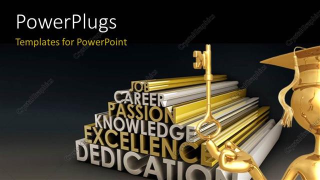  Presentation with skills - Gold plated man with graduation cap holds key to career success?