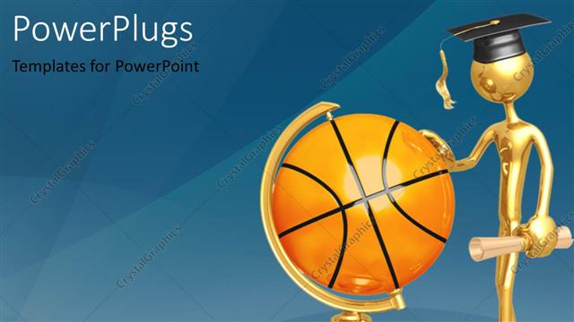  Presentation with scholarship - Gold plated man with graduation cap and diploma touching globe